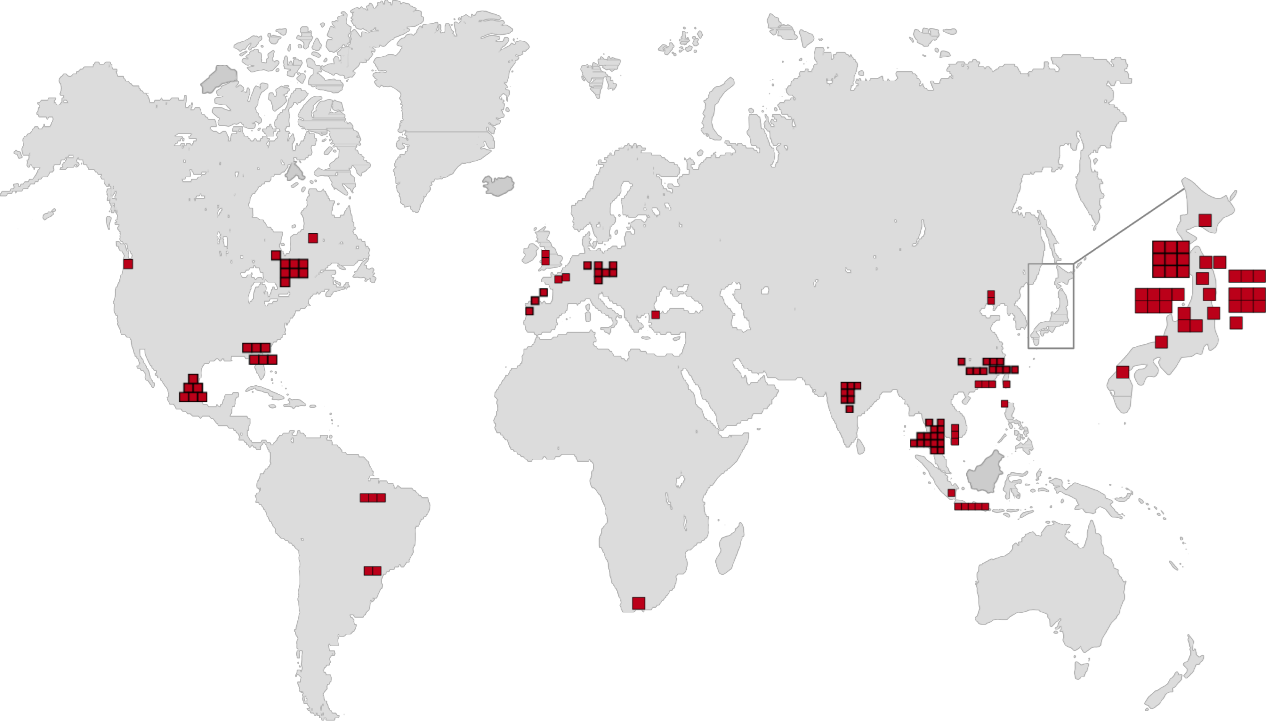 Astemo worldwide network map showing sites across the Americas, Europe, Asia, China and Japan